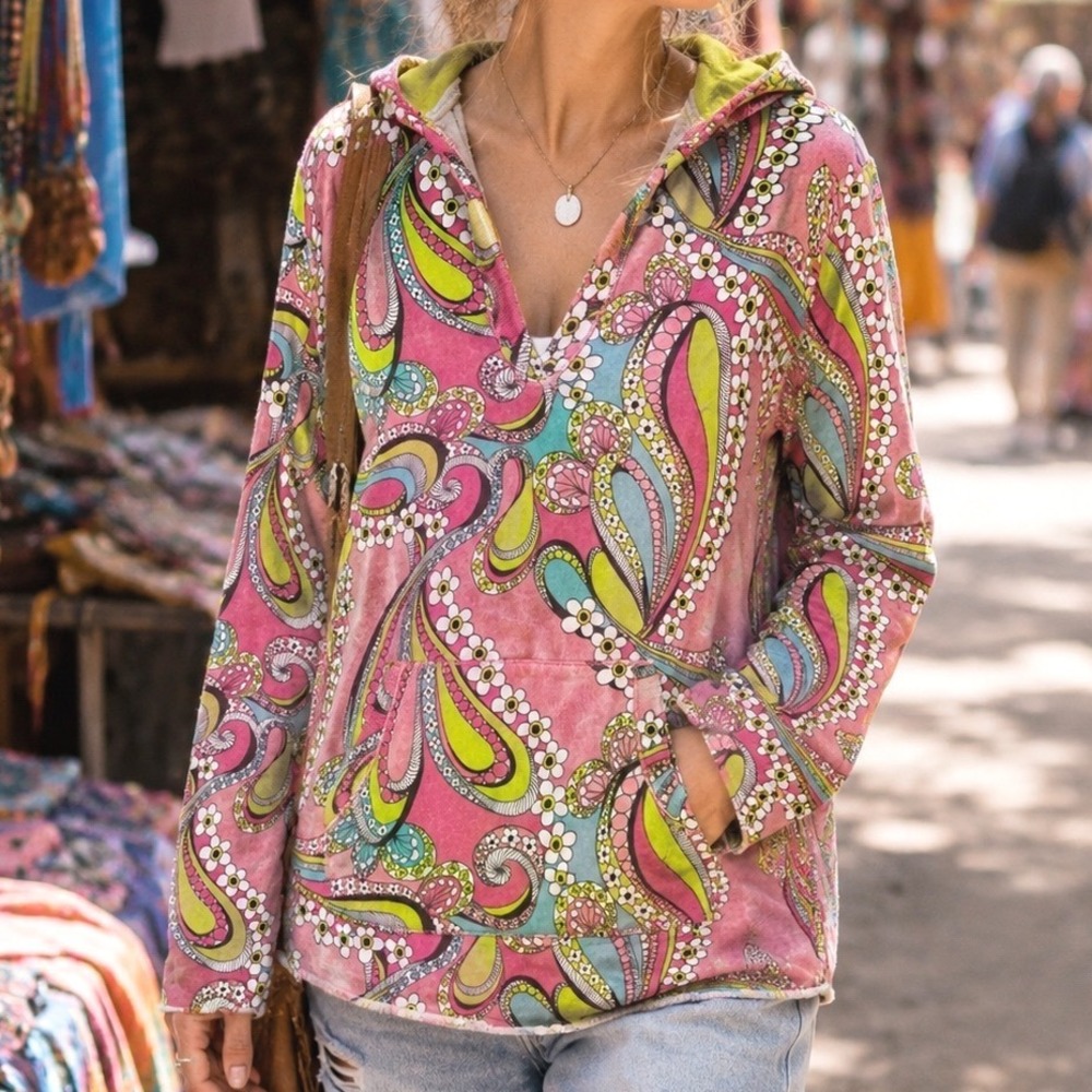 Vtg Lucky Brand Womens Pink Paisley Floral Hoodie V-Neck‎ Cotton Pullover S A5